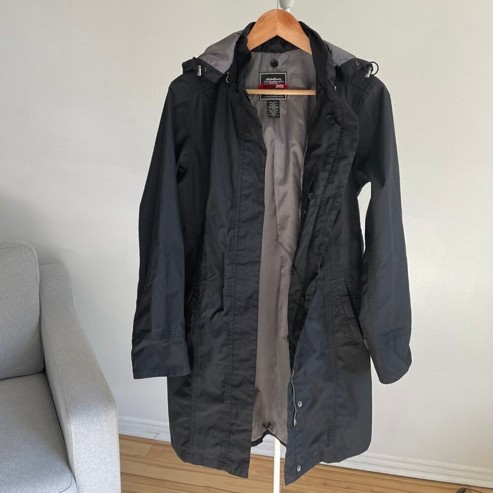Eddie Bauer Fall Coat Jacket Black Removable Lining 3/4 Length FLAWS Size Medium